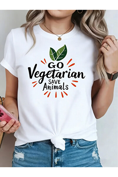 KYMC07 تي شيرت نسائي بطباعة أوراق الشجر بتصميم Go Vegetarian Save Animals، من...