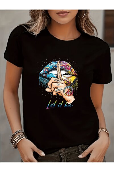 Astogria13 تي شيرت Let It Be Lip Print بأكمام قصيرة، بلوزة كاجوال برقبة دائري...