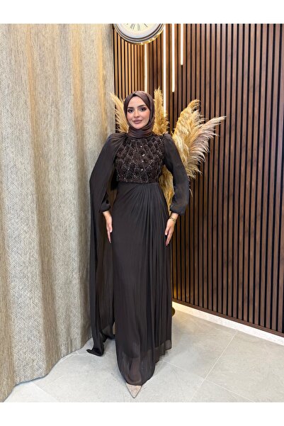 Fashionbox Nisa Elegant Stone Embellished Janjan Cape Evening Dress |   Brown