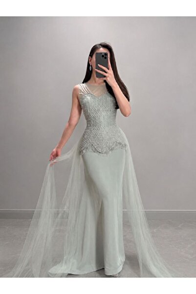 ranin Mint Green Evening Gown Embroidered with Luxurious Embroidery and Elega...
