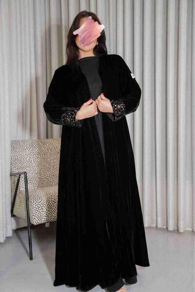Anaqa Abaya Black Velvet Abaya with Colored Trim