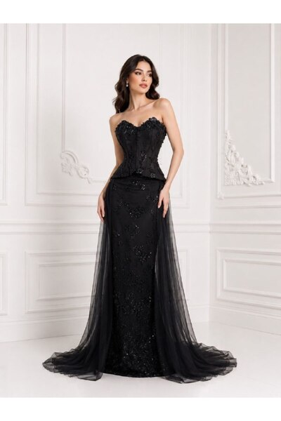 ranin Black Barbi Tulle Evening Dress with Beaded Embroidery