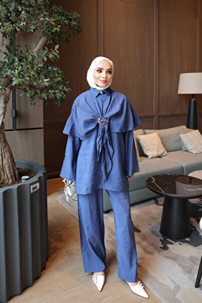 İmajButik Navy Blue Cape and Buckle Triple Trouser Suit