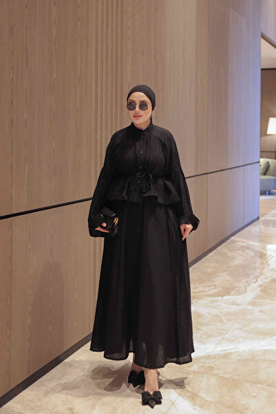 İmajButik Black Pleated Shirt Skirt Set with Tie at the Waist