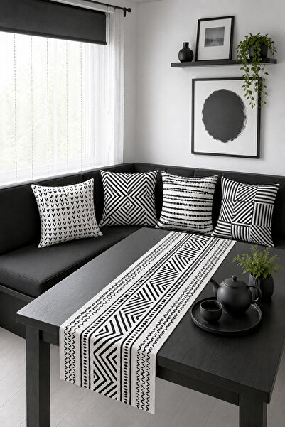 HOMESSA Siyah Beyaz Etnik Geometrik Desenli Runner ve 4’lü Kırlent Kılıfı Set...