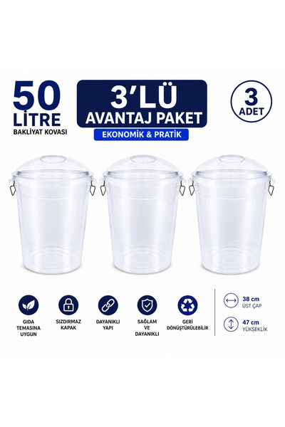 LİDERAMBALAJ07 3'lü Avantaj Paketi 50 Litre Şeffaf Bakliyat Kovası Kapaklı Ki...