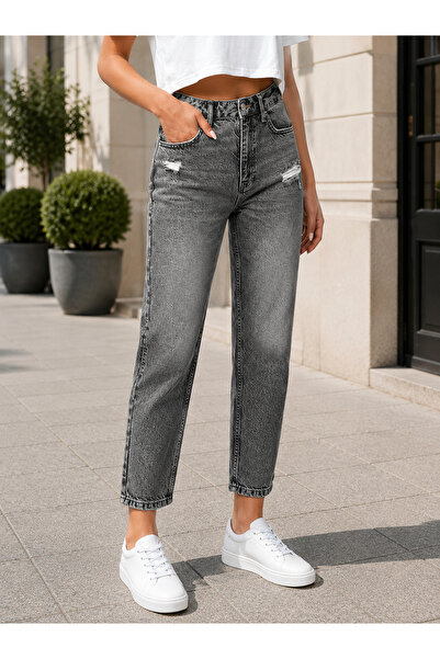 MARA BRANCO Women's Gray High Waist Mom Fit Ripped Detailed Denim Jean Trousers