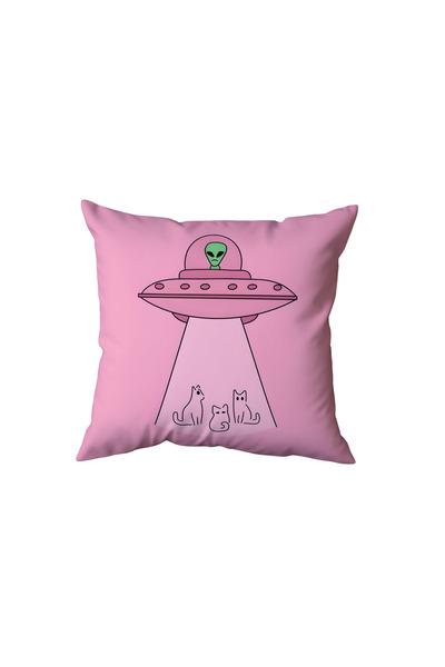 Beramussa Pink Background Alien Ufo and Cats Themed Pillow, Funny Gift