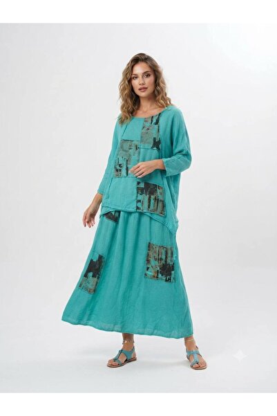 Cb Made In Italy Fortuna Moda %100 Keten Desenli Patchwork Detaylı İki Parça ...