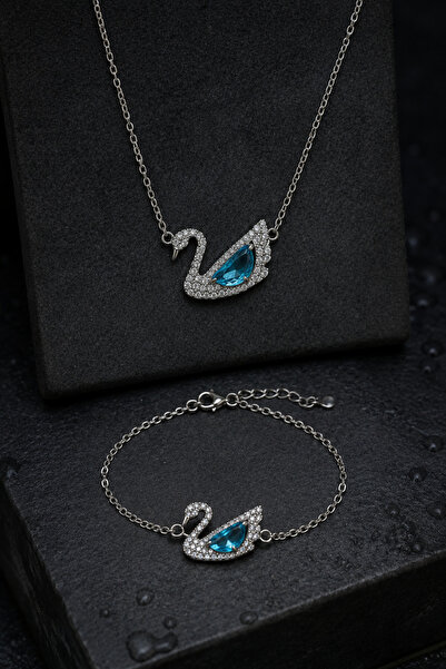 vogutima Kadın Gümüş Set - Swan Kuğu Model Aqua Zirkon Taş İşlemeli 925 Ayar ...