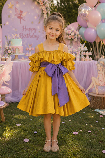 Mialora Cotton Girls' Dress, Belted, Short Sleeve, Casual Stylish Dress, Birt...