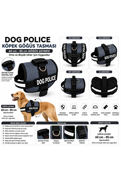 Mestore Dog Police Adjustable Dog Chest Harness Smoked Gray - Black (60-85 cm...