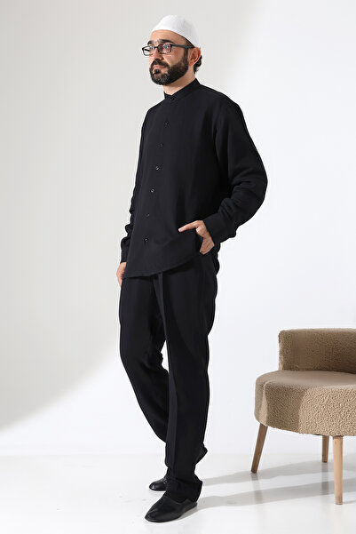 ihvan online Men's Muslin Hakim Collar Shirt and Pants Two-Piece Set Hajj and...