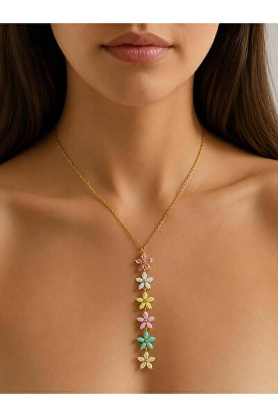 Melisa Takı & Aksesuar 316L Steel Gold Color Y Model Colorful Stone Necklace