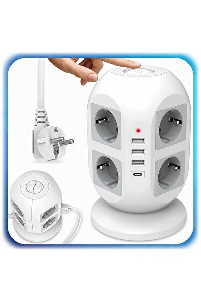 Pixel Priză multiplă verticală tip turn, 8 prize + 4 USB, 1,8m, prelungitor d...