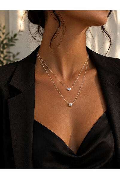Adata Jewelry Çelik İnci Kalp 2li İnce Zincir Kadın Kolye Gümüş Uzatma Zincirli