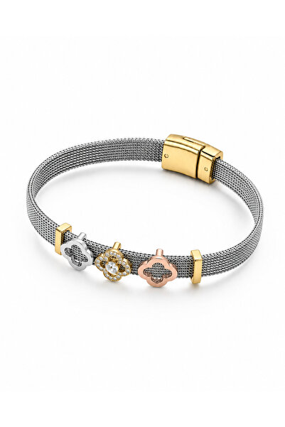 Fawel Flora Harmony Mesh Women's Bracelet - Silver Gold Rose Gold Flower Deta...