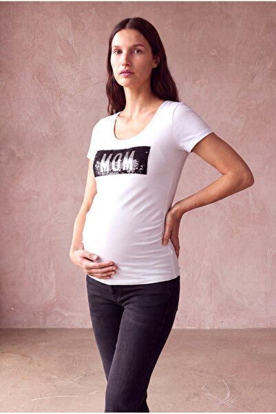 WESTMARK LONDON Maternity White Cotton Crew Neck Short Sleeve Sequined Letter...