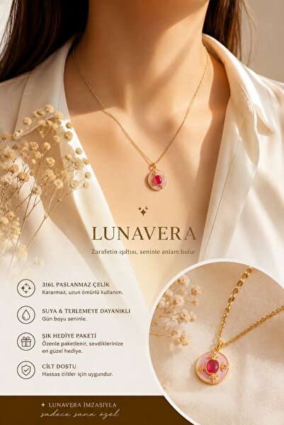 Lunavera Luxe Kadın Pembe Taş Detaylı Açılır Madalyon Kolye 316L Paslanmaz Çe...