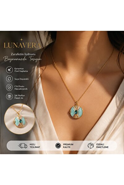 Lunavera Luxe Kadın Turkuaz Taş Detaylı Açılır Madalyon Kolye 316L Paslanmaz ...