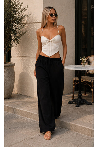 SAINT YUX Black Elastic Waist Wide-Legged Pants, Summer's Favorite