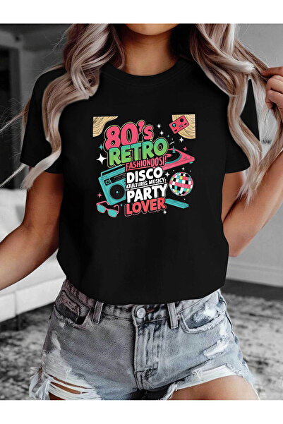 KYMC07 تي شيرت مطبوع عليه حروف 80s RETRO DISCO PARTY LOVER، قميص كاجوال بأكما...