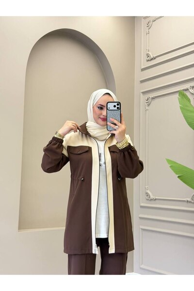 moda4b Women's 3-Piece Dabıl Fabric Hijab Set – Zippered Jacket, T-Shirt, and...