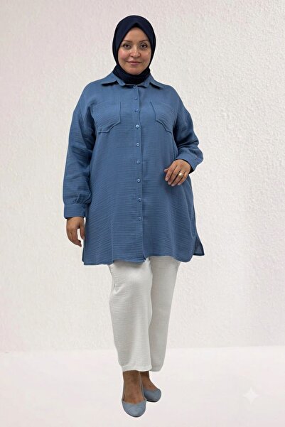 Eslina 68061 Plus Size Muslin Shirt with Pockets and Cuffs - Cool Blue