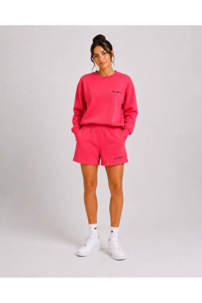 herkesemoda Hüppy Printed Women's Oversize Sweatshirt with Shorts Tracksuit Set