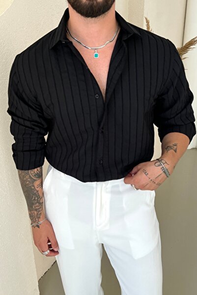OUTFİT MAN Moylee Self-Guided Striped Loose Shirt Black