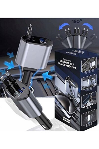 NO BRAND Încărcător auto 4 în 1 retractabil pentru brichetă auto 2 x USB C 1 ...