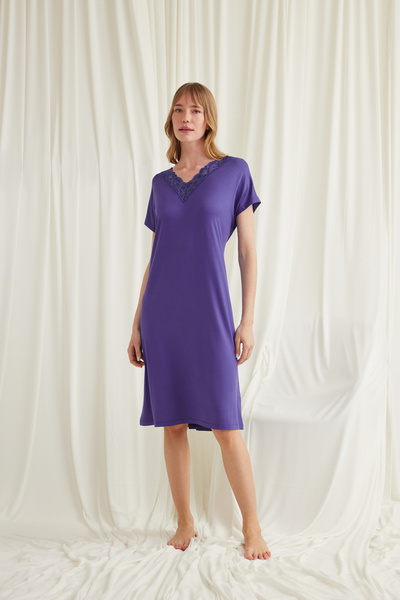 MONAMİSE Purple Lace Nightgown, Women's Short-Sleeved Viscose Home Dress, V-N...