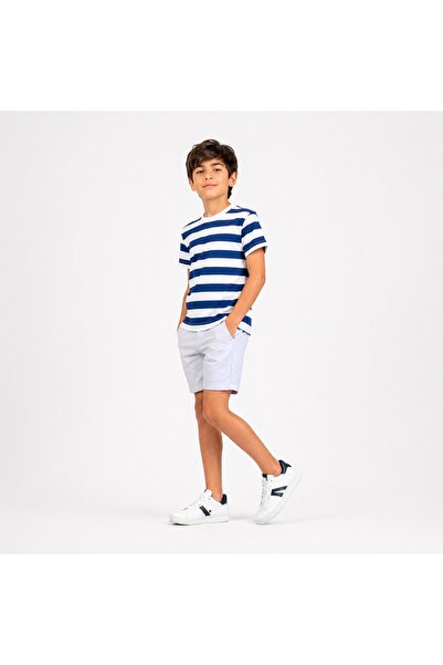 PALM PEANUTS Boys Navy Blue & White Striped Cotton T-Shirt with Light Grey Sh...