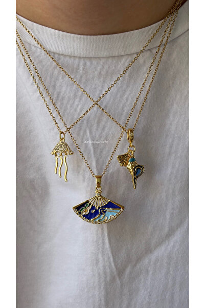 SWANOVAJEWELRY Gold Renk Kadın Çelik Kolye Seti 3'lü Yelpaze ve Deniz Anası F...