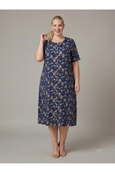 Sedef Moda Evi Half Sleeve Viscose Navy Blue Dress with White Flowers on the ...