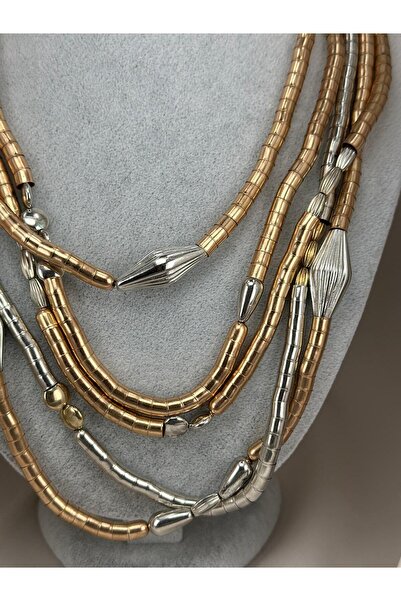 Kadın Çok Katlı Gold Gümüş Renk Metal Boncuklu Modern Maxi Kolye Şık Tasarım Takı