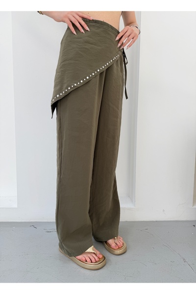 NEW JOURNAL Women's Khaki Staple Detailed Double-Breasted Belted Modal Trouse...