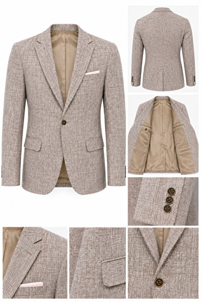 BYMEN ERKEK GİYİM Erkek Bej Kırçıllı Slim Fit Tek Düğme Blazer Ceket – Şık ve...