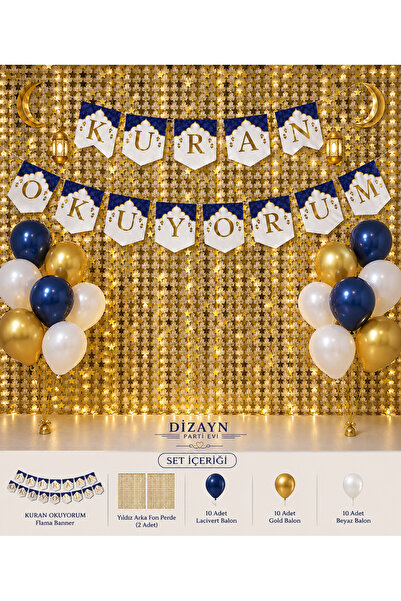 Dizayn Parti Evi Kuran Okuyorum Banner Duvar Süsü Seti – 10 Lacivert, 10 Gold...