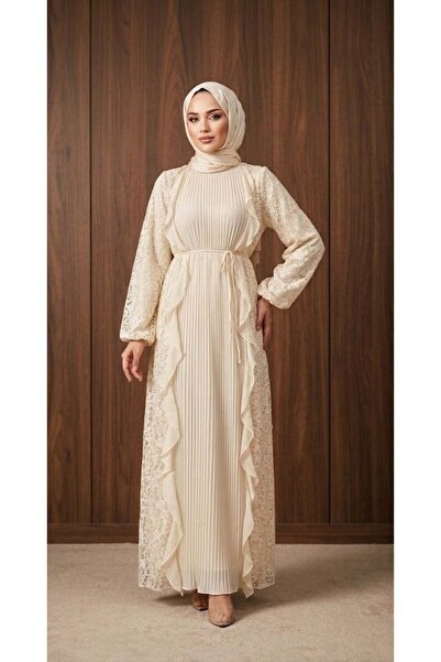 mara moda Sıla Seyyar Kemerli Şifon Elbise - Krem