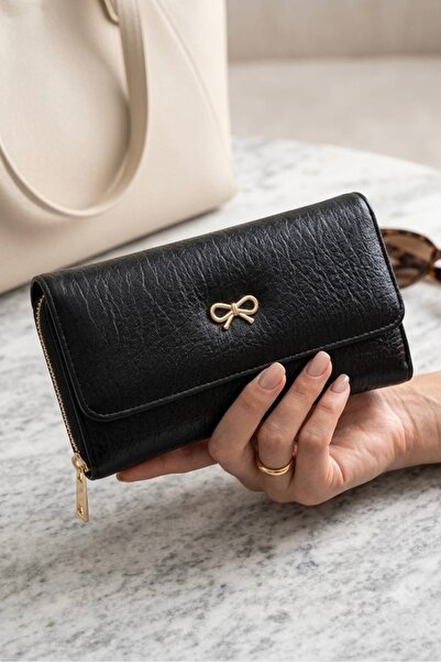 Fibag Women's Black Large Wallet with Card Holder Detail and Phone Compartment