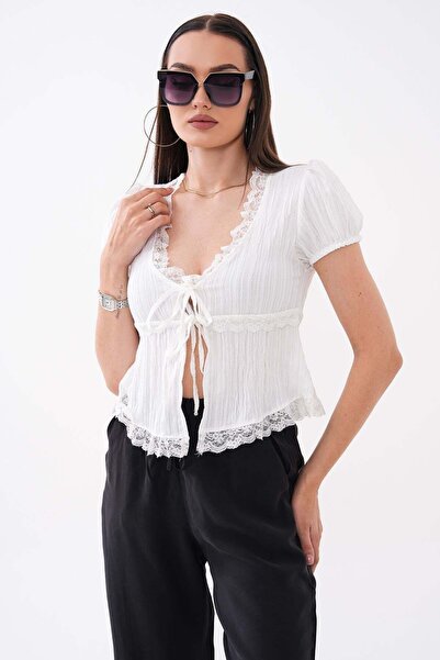 DazzUp Women's Lace Detailed Short Sleeve Blouse with Front Tie