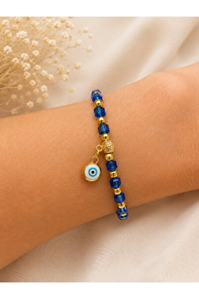 Azrua Natural Stone Navy Blue Cube Stone Beaded Bracelet with Gold Color Deta...