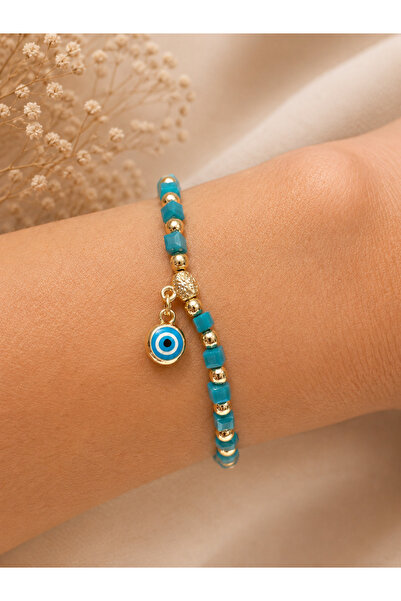 Azrua Natural Stone Green Cube Stone Beaded Gold Color Detailed Bracelet, Evi...