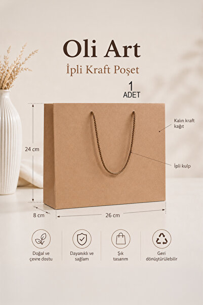 OLİ Art İpli Kraft Poşet 24x26x8 cm 1 Adet Kalın Kraft Kağıt Hediye Çantası -...