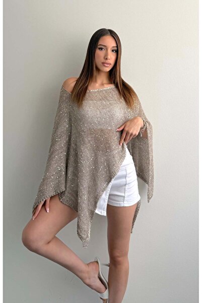 Perry Boutique Asymmetrical Cut Sequin Embroidered Cape Poncho