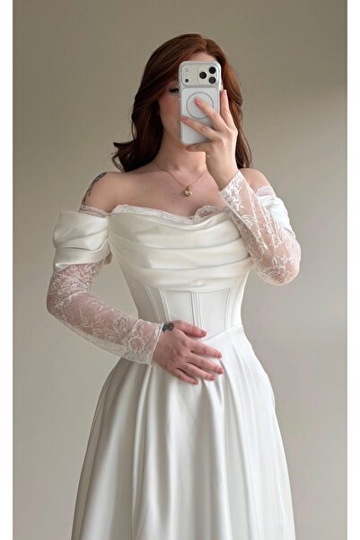 ayşenur Dinçer butik Royal Dantel Detaylı Beyaz Abiye