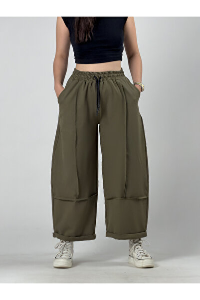 COCOPELLI Design Khaki Stitching Detailed Women's Baggy Trousers Coc3262