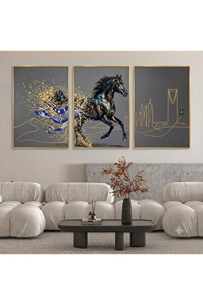 Generic طقم لوحات جدارية ثلاثي بإطار ذهبي مودرن (3 قطع) – تصميم الخيل العربي ...
