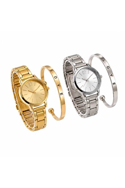 Nevara Women's Wristwatch Set with Stylish Open Bracelet - 2-Piece Gold or Si...